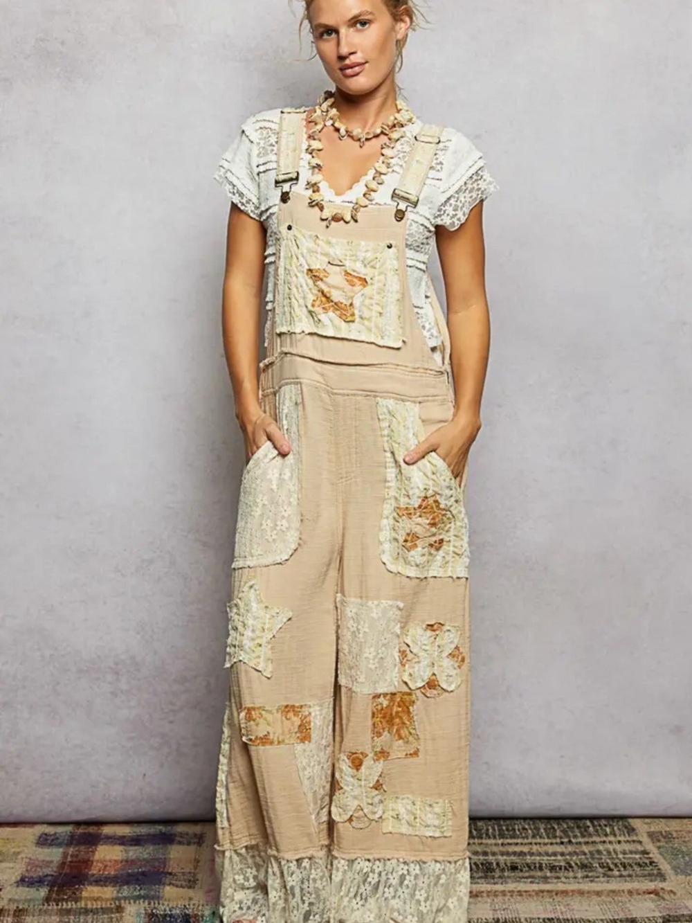 POL Beige Patchwork Wide-Leg Overalls NWOT - Picture 2 of 5